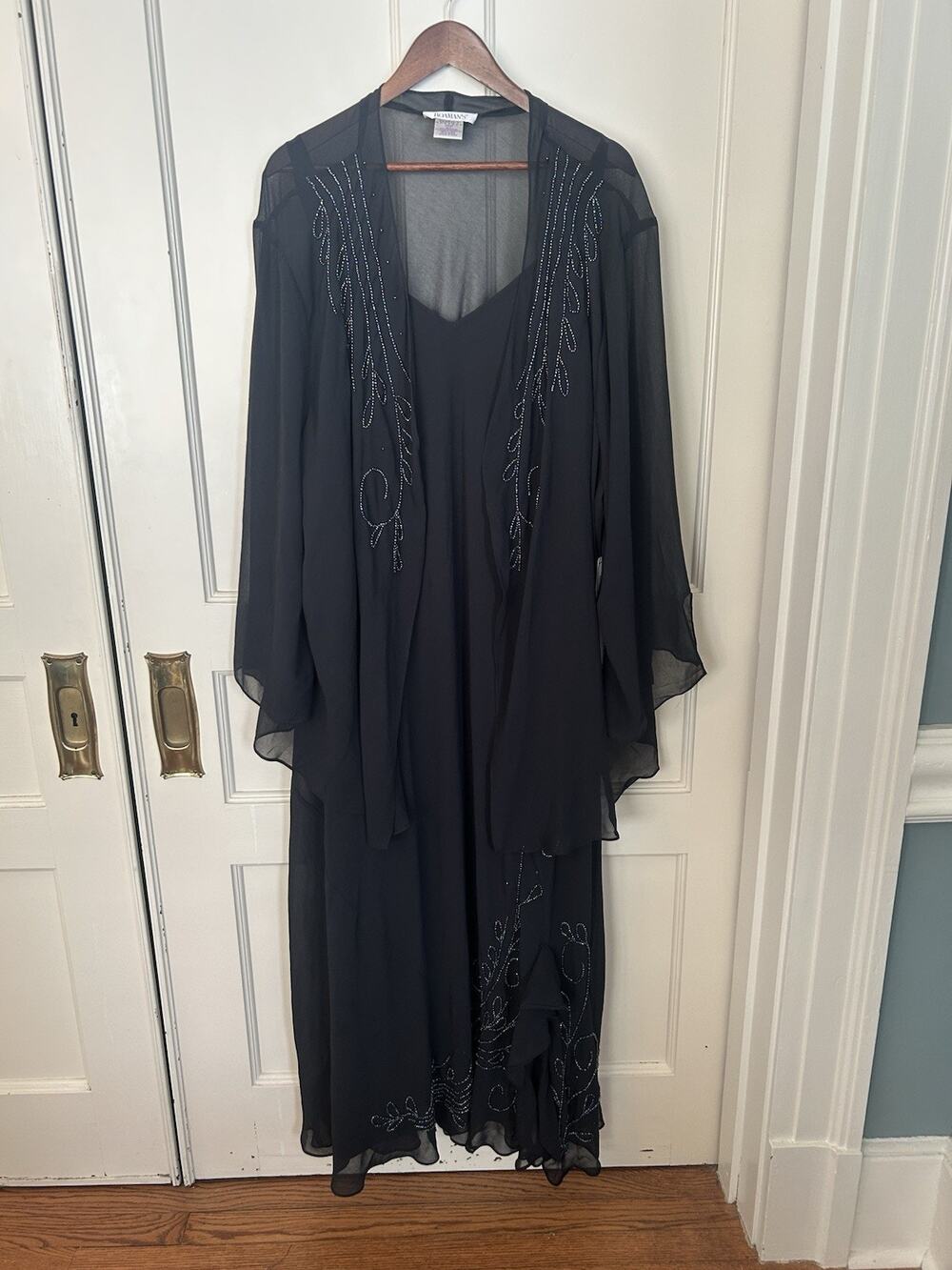 Roaman's Chiffon Beaded 2 Piece Formal Maxi Dress Womens Size 34W Black NWT